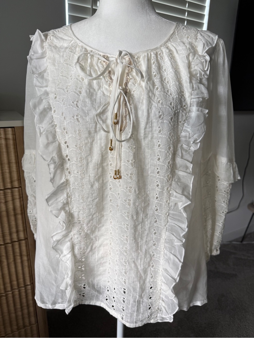 Johnny Was Wade peasant white embroidered eyelet XL cotton/ silk top